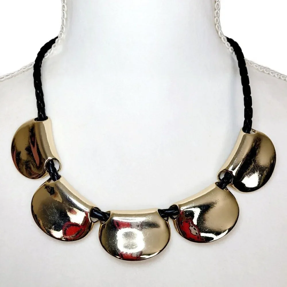 Lydell NYC Contemporary Necklace Black Leather Braided Cord Gold Tone Sliders